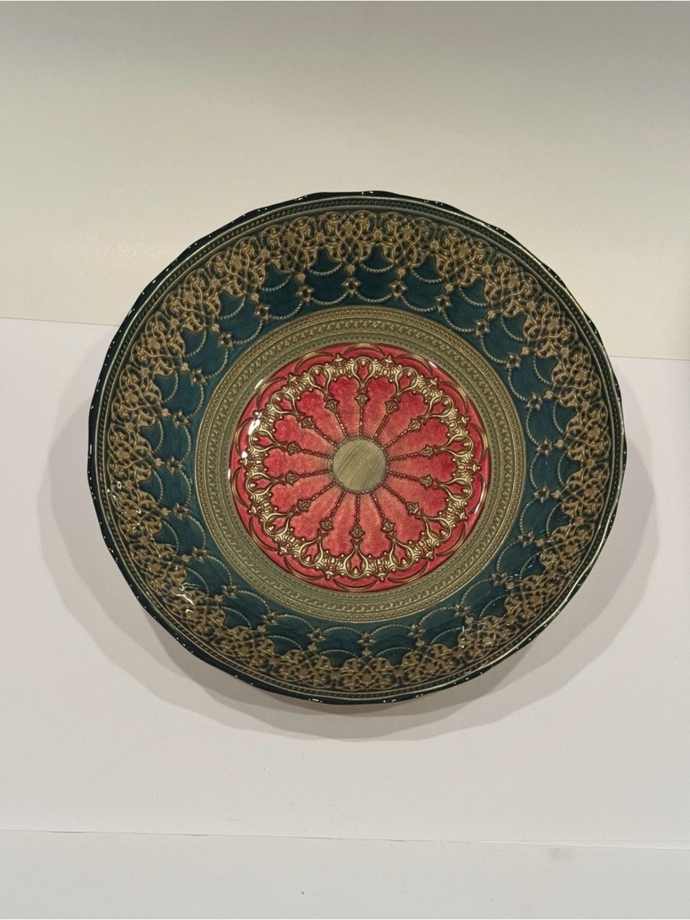 Vintage Turkish Topkapi Art Glass Centerpiece Bowl - Teal Gold Red